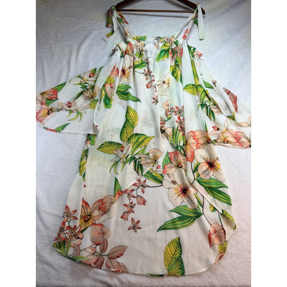 New York & Company Tropical Floral Print Cold-Shoulder‎ Tie-Strap Poncho Top Med